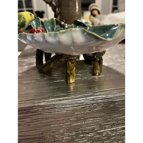 Majolica Pottery Footed Green Cabbage Leaf Bowl w/ Bird & Cherries EUC